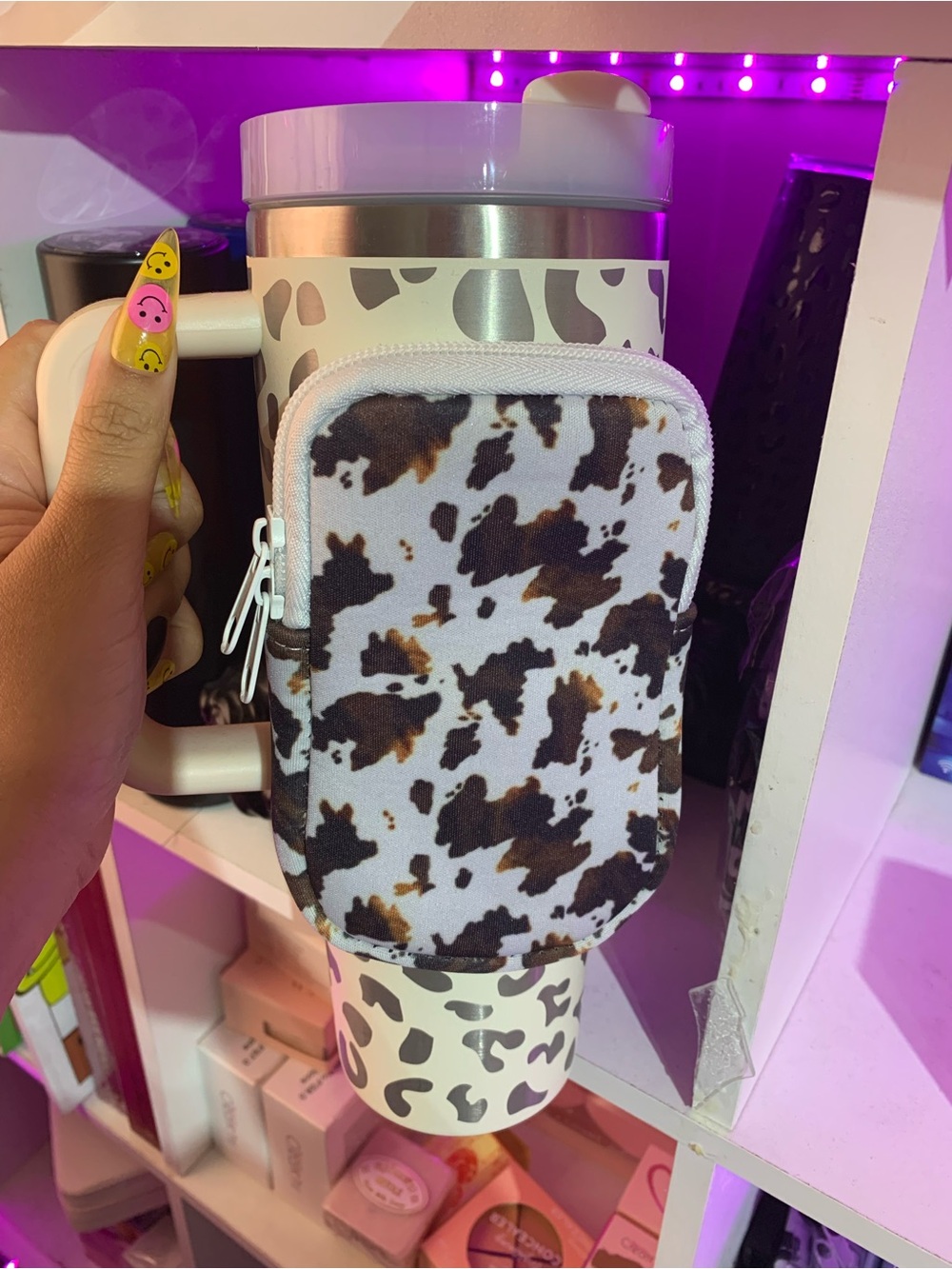 Cow Print Detachable Pouch - White & Brown Card Holder Juice Packet Pouch Keys